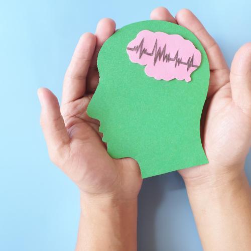 Hands holding a cutout of person with brain