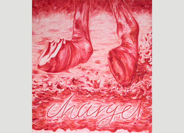 Painting of some horse hooves in red by Catherine Parsonage