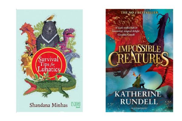 Two book covers of Survival Tips for Lunatics by Shandana Minhas, India Impossible Creatures by Katherine Rundell, UK