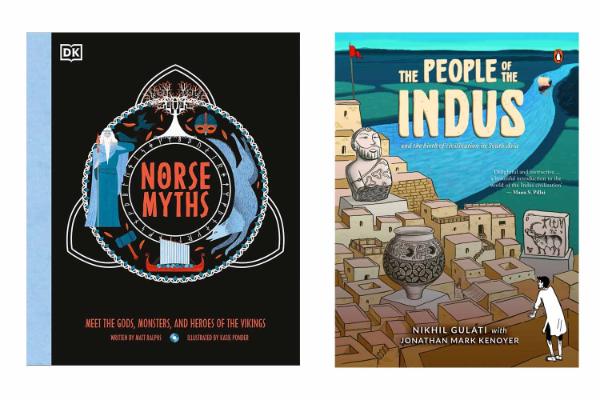 Two book covers Norse Myths by Matt Ralphs and Katie Ponder, UK People of the Indus by Nikhil Gulati with Jonathan Mark Kenoyer, India