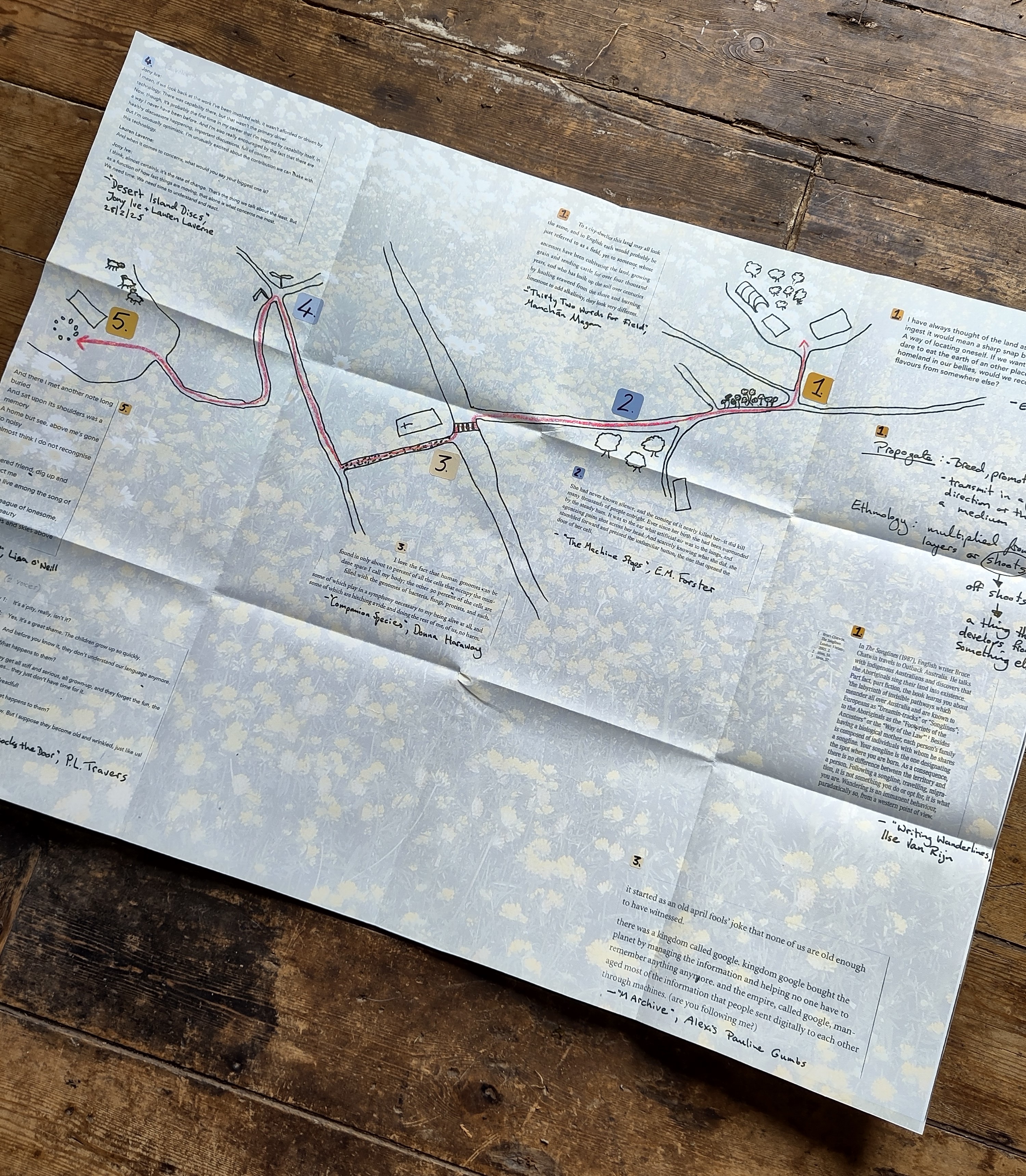 A hand-drawn map lying on a wooden table