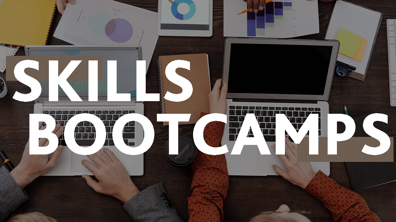 students sat around a table on their laptops studying different aspects of digital marketing. The text over the top reads Skills Bootcamps