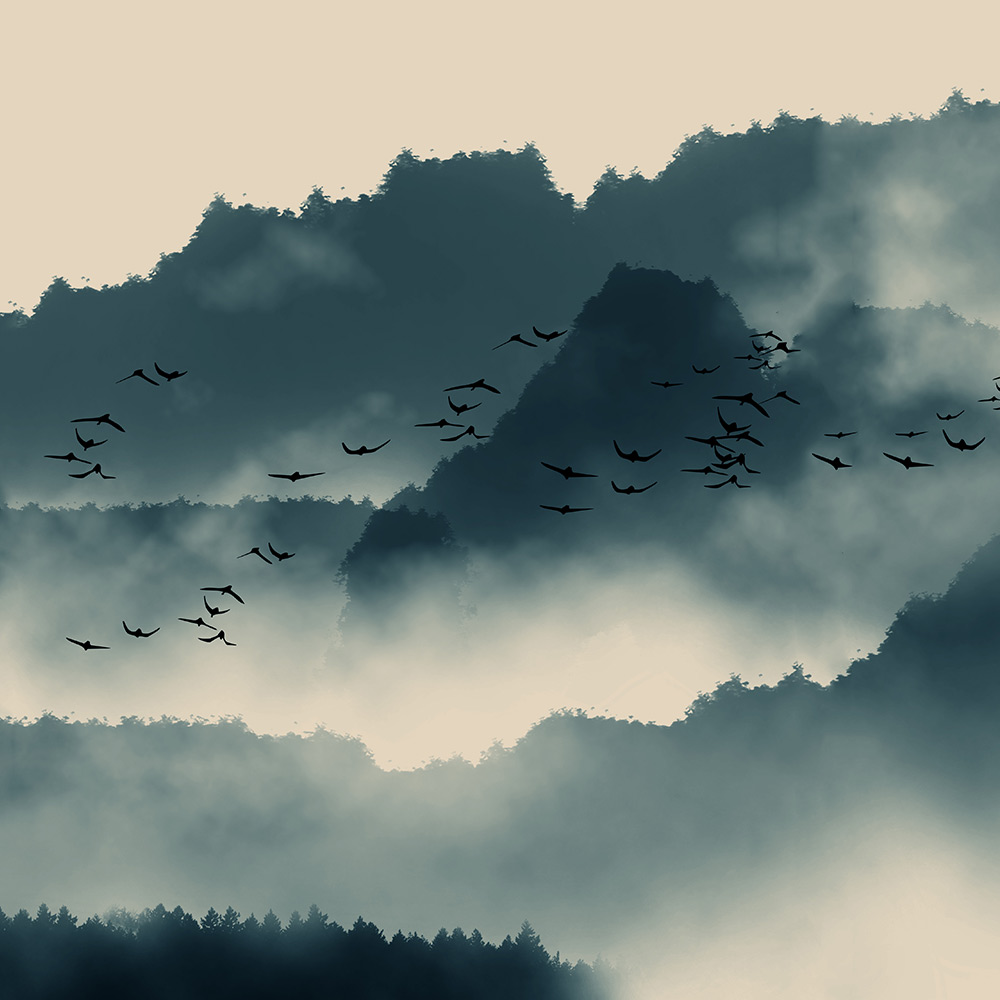 Abstract view of mountain range with steam and flock of birds