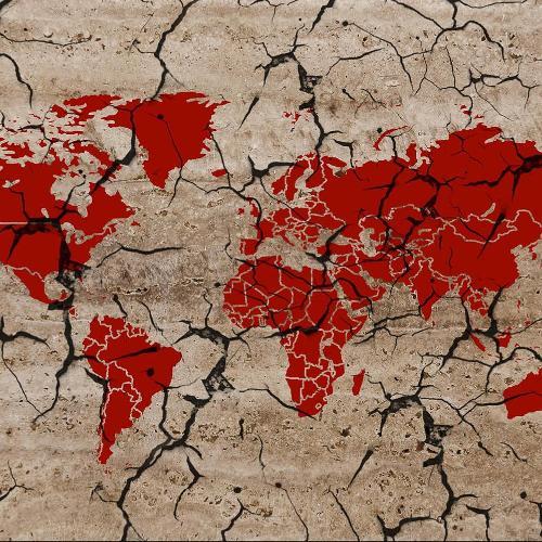 A map of the world with each continent in red, on a beige background. The background is cracked, suggesting cracked earth.