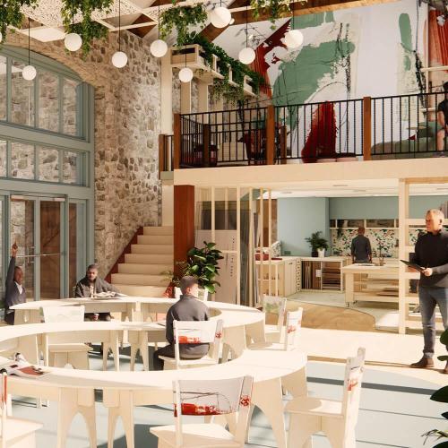 A reform centre design, this vibrant interior space offers murals, plants, cosy lighting and a curved table around which several people are sat