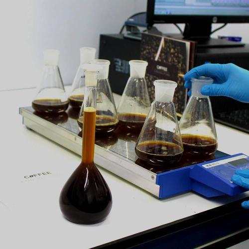 Beakers full of coffee in a laboratory