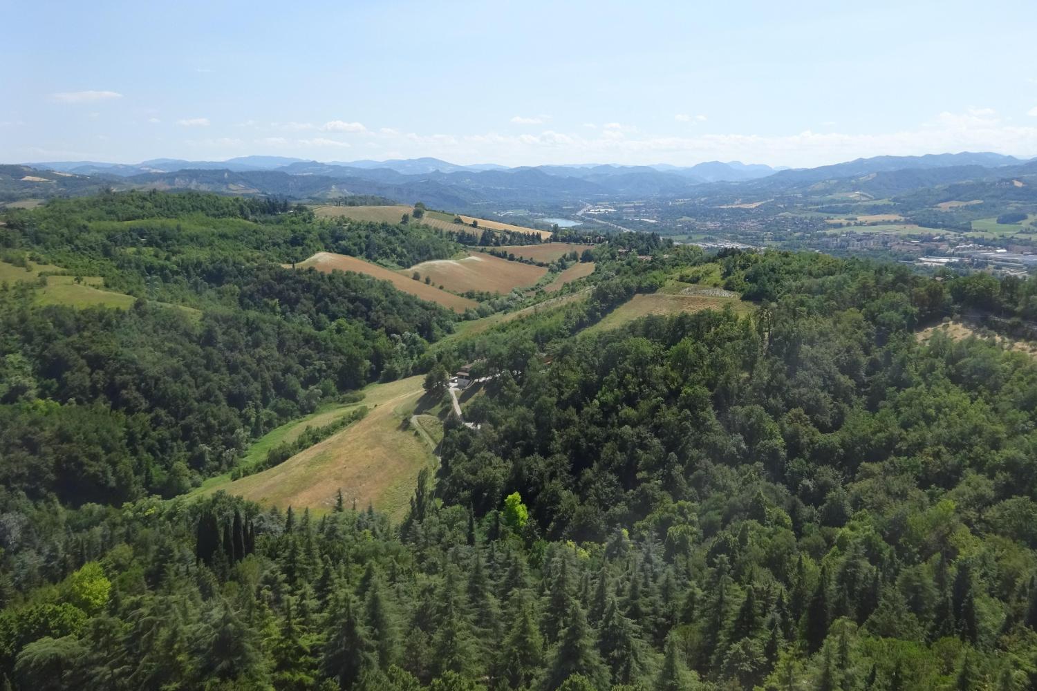 Green hills against a backdrop of mountains in the distance