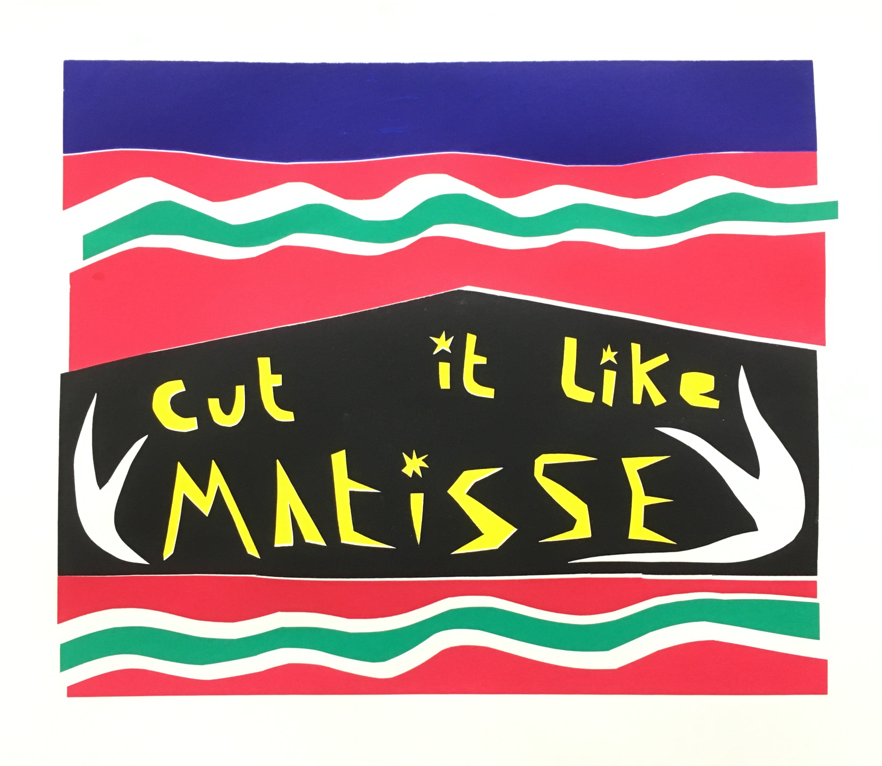 A collage of red, blue and green shapes with the words 