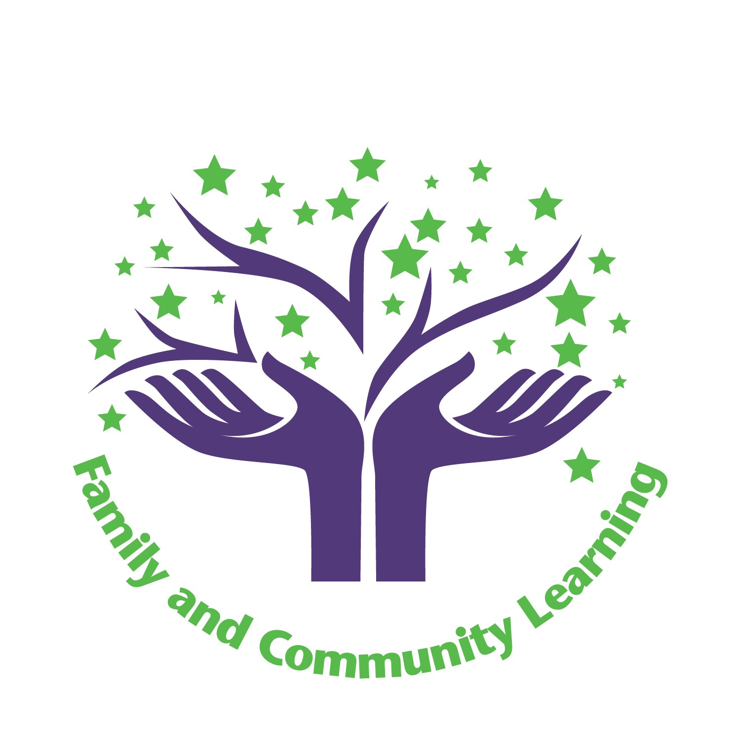 A graphic of a pair of blue hands holding a tree made of stars, with the words 