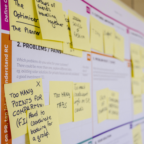 A large planning board showing an agile workflow. On top of the board is a series of post-it notes.