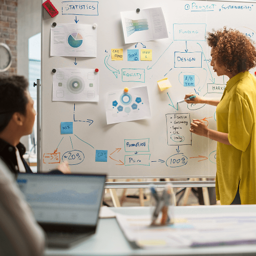 A female project manager stands pointing to a whiteboard. Two of her colleagues sit listening.