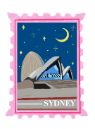 A colourful illustration of a postage stamp showing Sydney Opera House
