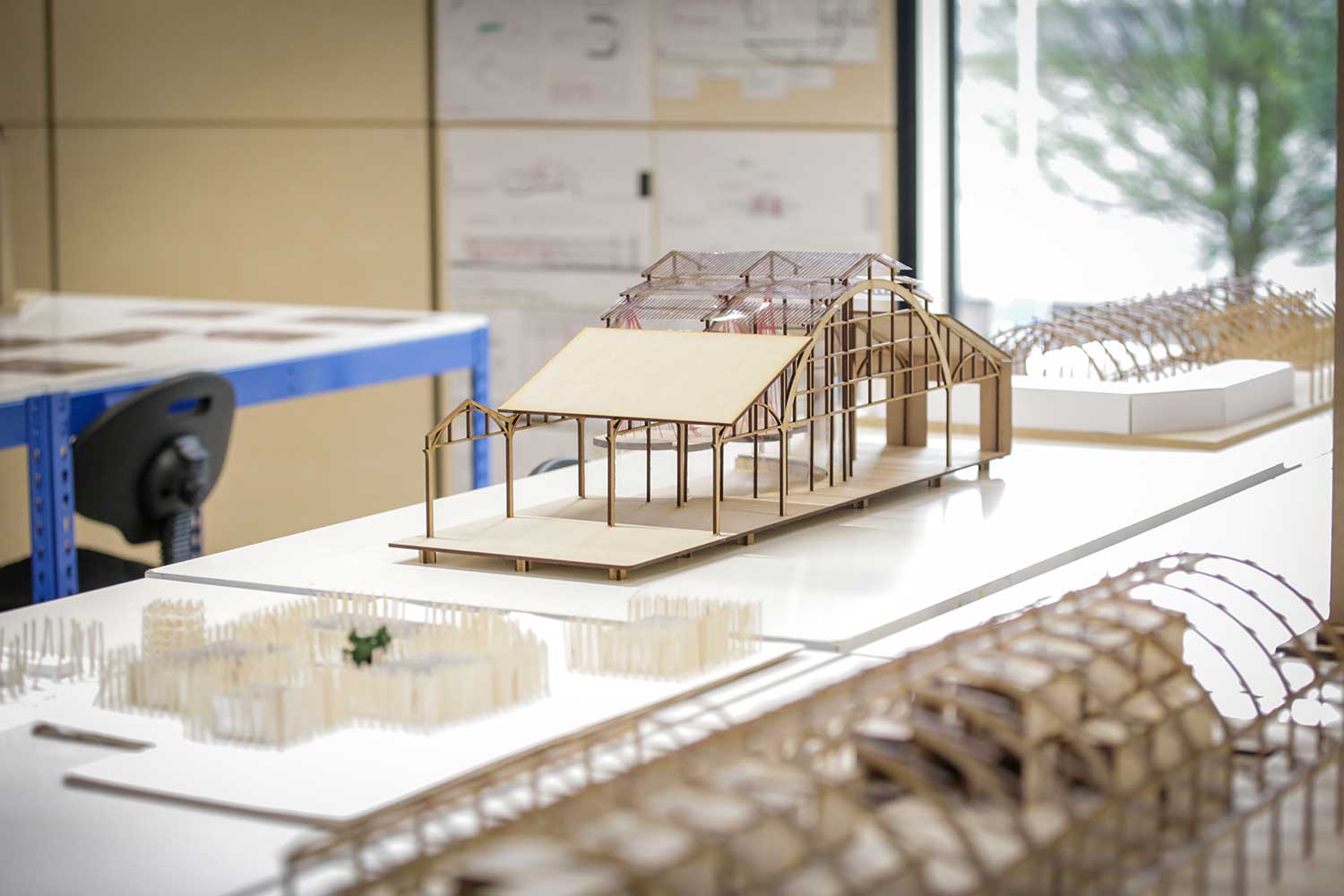A series of scale models in the architecture studio
