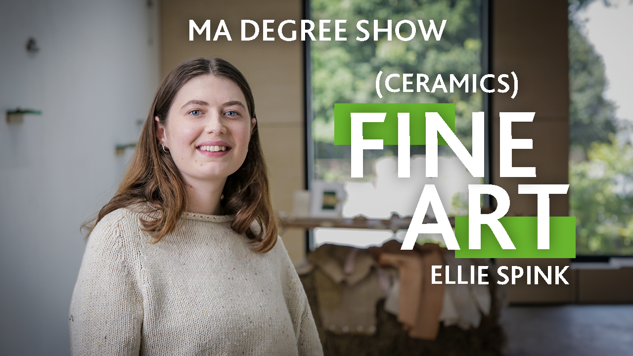 A person wearing a grey jumper with text that reads: Ellie Spink, Fine Art (Ceramics), MA Degree Show