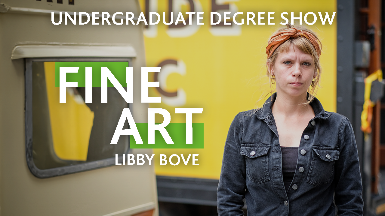 A person wearing a denim jumpsuit and orange headscarf with text that reads: Libby Bove, Fine Art, Undergraduate Degree Show