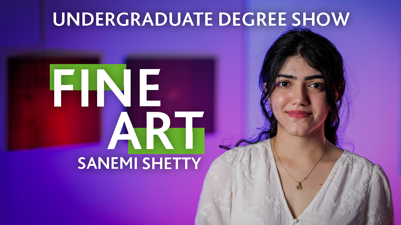 A person wearing a white embroidered dress and text that reads: Sanemi Shetty, Fine Art, Undergraduate Degree Show